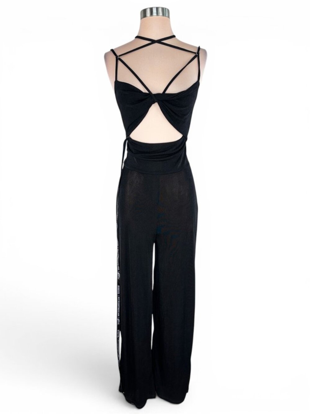 Club L London Black Cut Out Wide Leg Strappy Top Slinky Stretch Jumpsuit NWT 8